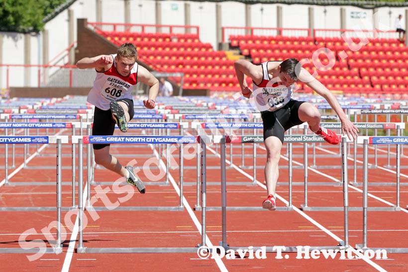 James Turnbull (Gateshead) wins the under-20s 110 metres hurdles, North Eastern Champs, Gateshead.